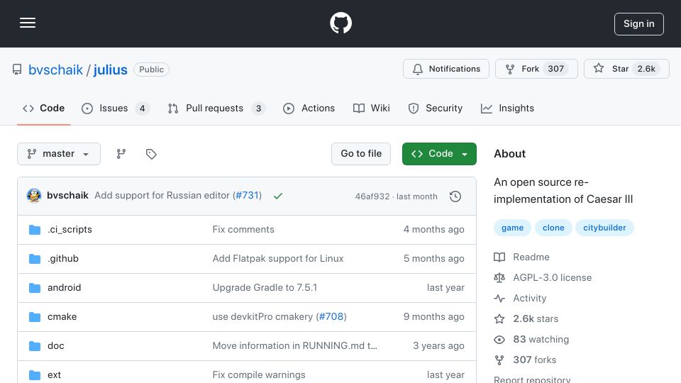 Screenshot of github.com: Julius: Open-source reimplementation of Caesar III