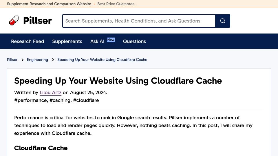 Screenshot of pillser.com: Speeding Up Your Website Using Cloudflare Cache