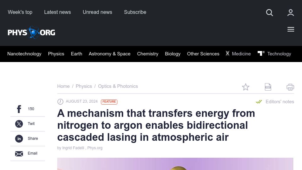 Screenshot of phys.org: Transferring energy from nitrogen to argon enables 2-way cascaded lasing in air