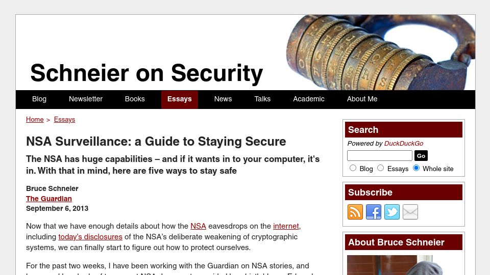Screenshot of schneier.com: Essays: NSA Surveillance: A Guide to Staying Secure – Schneier on Security