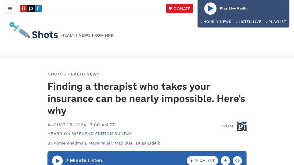 Screenshot of npr.org: Finding a therapist who takes your insurance can be nearly impossible