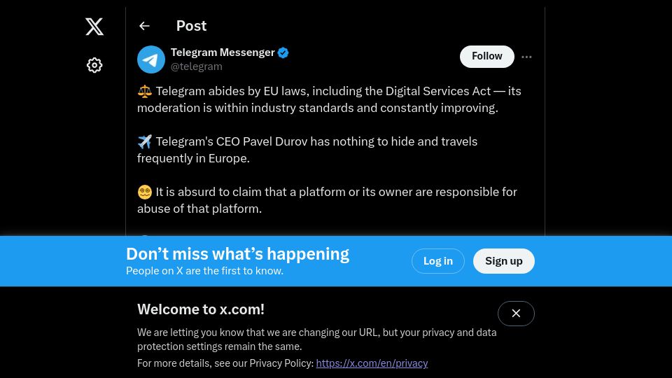 Screenshot of twitter.com: Telegram abides by EU laws, including the Digital Services Act