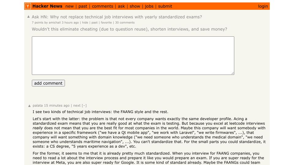 Screenshot of Hacker News post: Ask HN: Why not replace technical job interviews with yearly standardized exams?