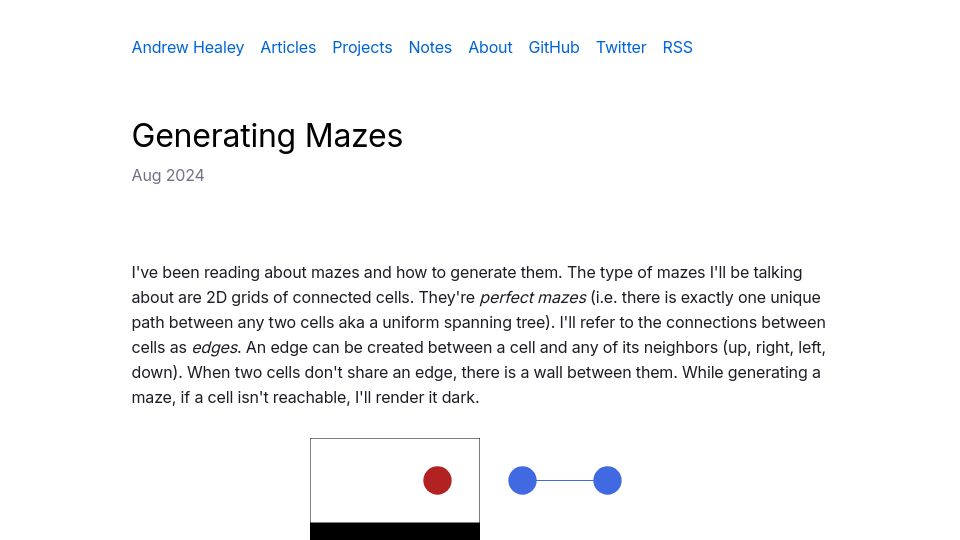 Screenshot of healeycodes.com: Generating Mazes