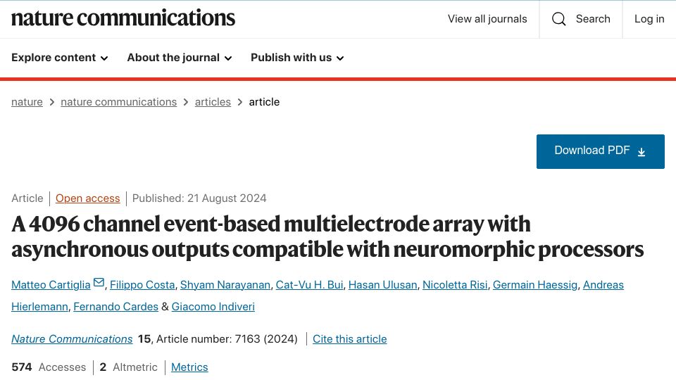 Screenshot of nature.com: A 4096 channel event-based multielectrode array with asynchronous outputs