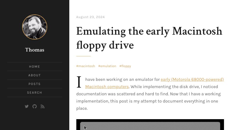 Screenshot of thomasw.dev: Emulating the Early Macintosh Floppy Drive