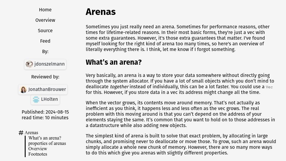 Screenshot of donsz.nl: A Comparison of Arenas in Rust