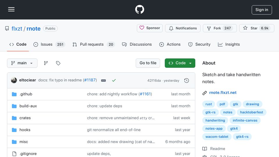 Screenshot of github.com: Rnote – Sketch and take handwritten notes