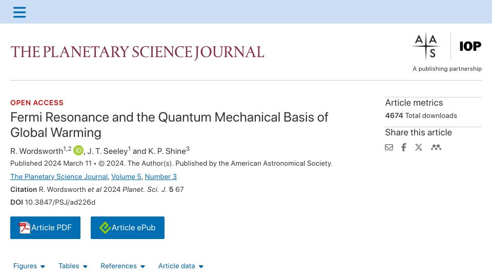 Screenshot of iopscience.iop.org: Fermi Resonance and the Quantum Mechanical Basis of Global Warming