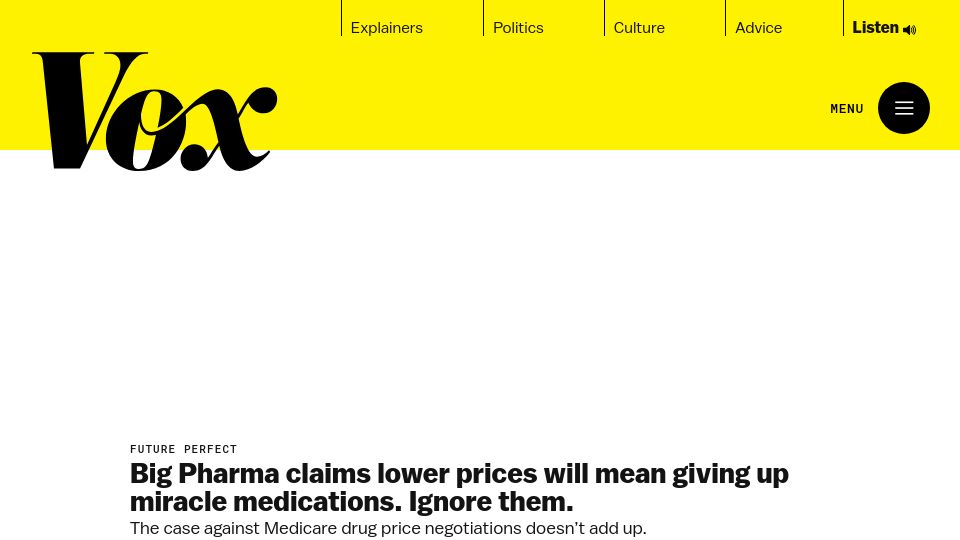 Screenshot of vox.com: Big Pharma claims lower prices means giving up miracle medications. Ignore them