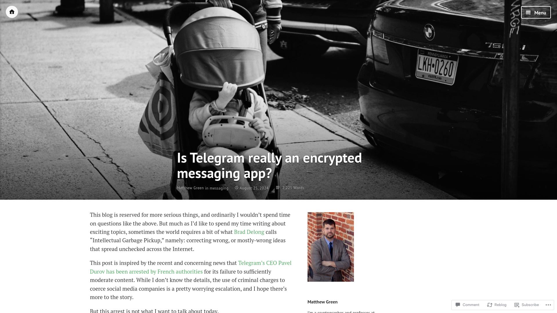 Screenshot of blog.cryptographyengineering.com: Is Telegram really an encrypted messaging app?