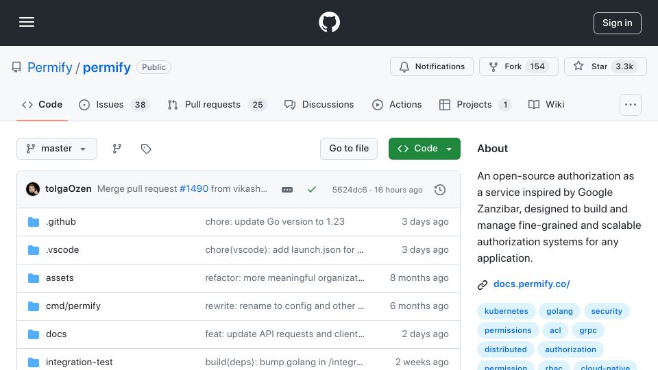Screenshot of github.com: Show HN: Permify 1.0 – Open-source fine-grained authorization service