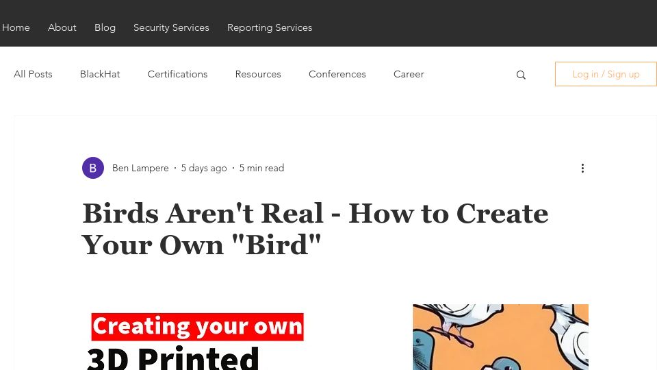 Screenshot of lampysecurity.com: Birds aren't real – how to create your own "bird"
