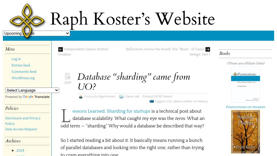 Screenshot of raphkoster.com: Database “sharding” came from Ultima Online? (2009)