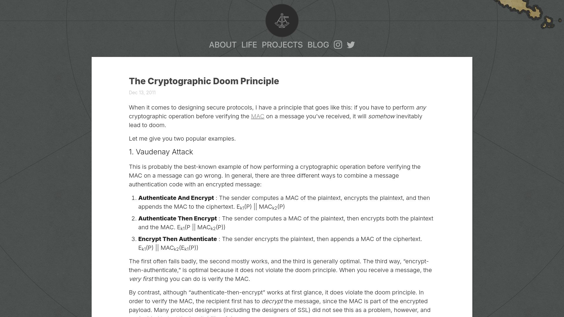 Screenshot of moxie.org: The Cryptographic Doom Principle (2011)