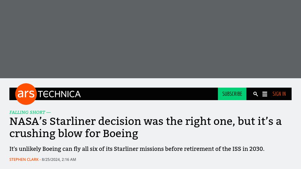 Screenshot of arstechnica.com: NASA's Starliner decision was the right one, but it's a crushing blow for Boeing