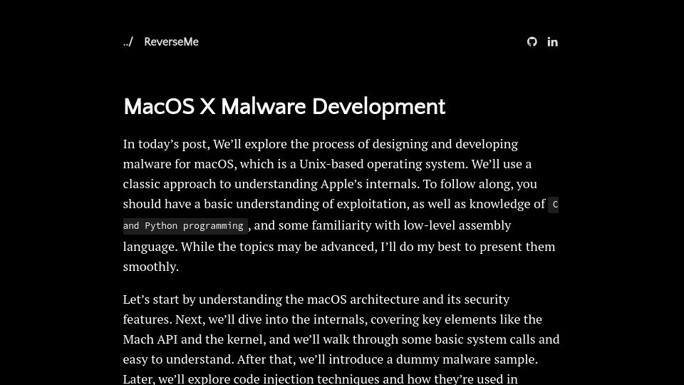 Screenshot of 0xf00sec.github.io: MacOS X Malware Development