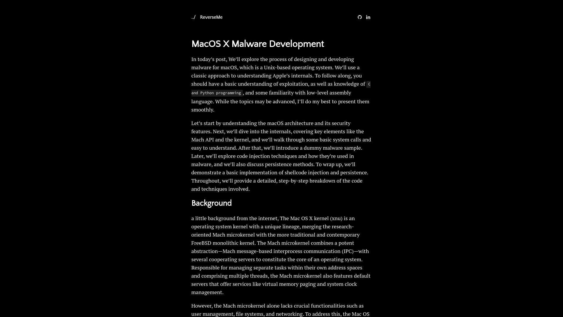 Screenshot of 0xf00sec.github.io: MacOS X Malware Development