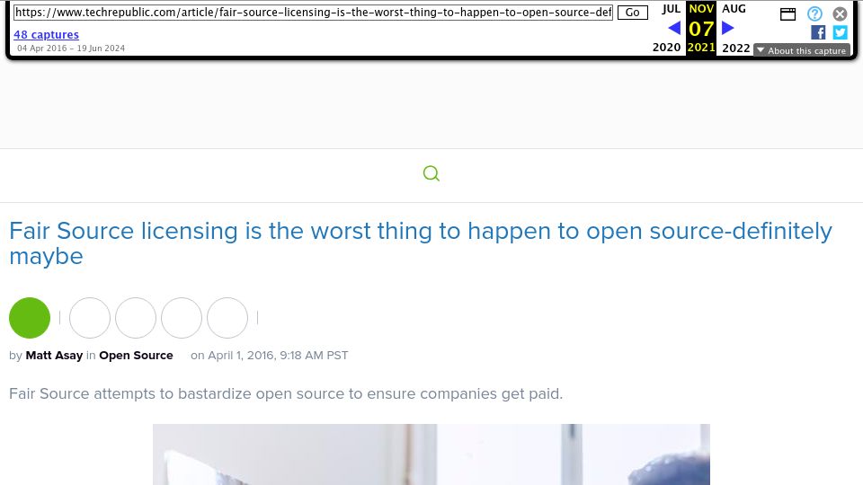 Screenshot of web.archive.org: Fair Source licensing is the worst thing to happen to open source-definitely ma