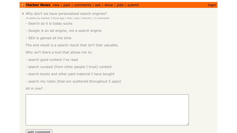 Screenshot of Hacker News post: Why don't we have personalized search engines?