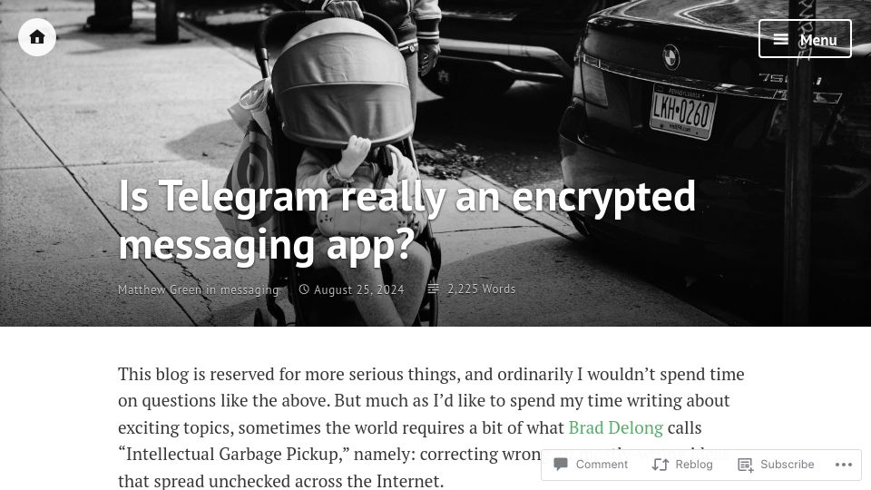 Screenshot of blog.cryptographyengineering.com: Is Telegram really an encrypted messaging app?