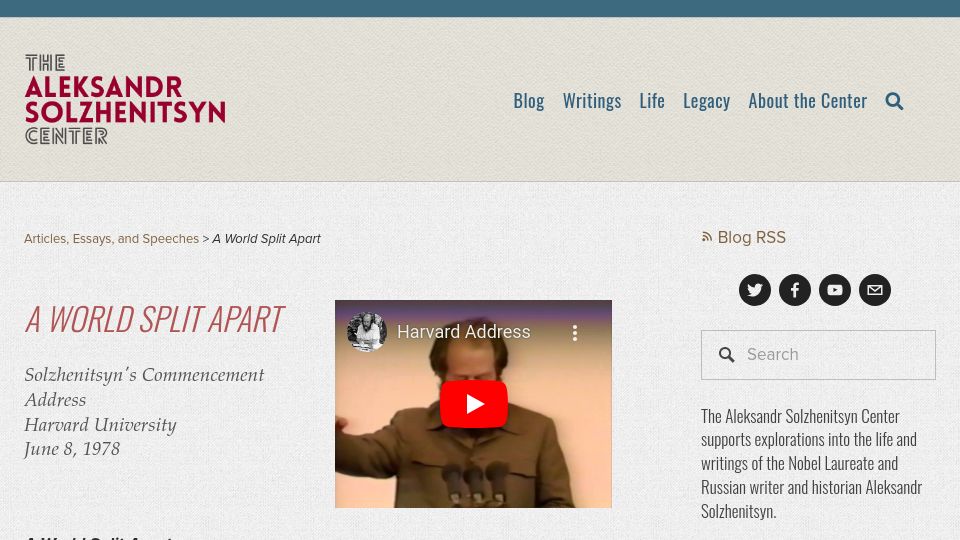 Screenshot of solzhenitsyncenter.org: A World Split Apart (1978)
