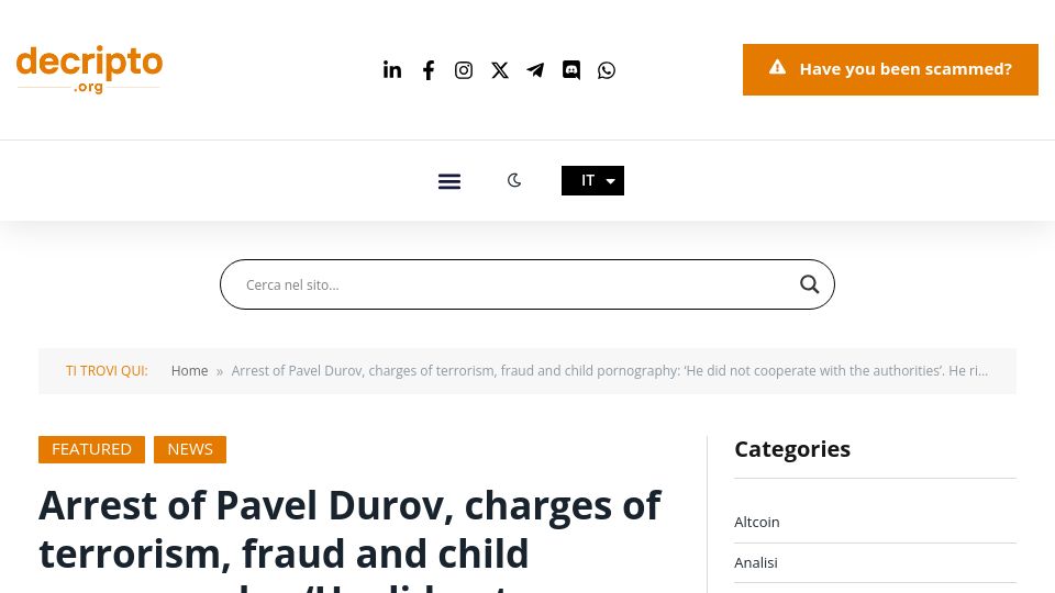 Screenshot of decripto.org: Arrest of Pavel Durov, Telegram CEO, charges of terrorism, fraud, child porn