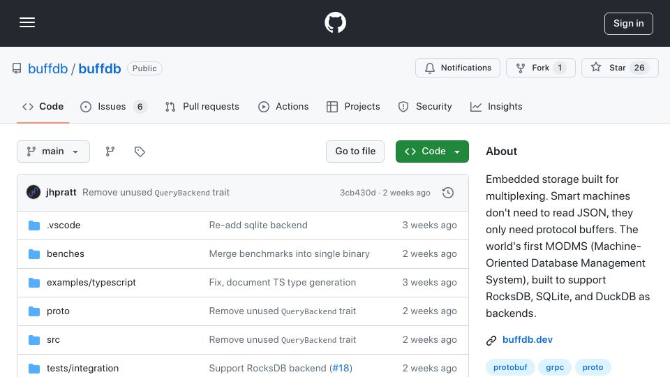 Screenshot of github.com: BuffDB is a Rust library to simplify multi-plexing on edge devices