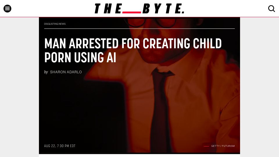 Screenshot of futurism.com: Man Arrested for Creating Child Porn Using AI
