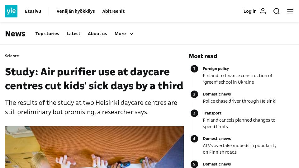 Screenshot of yle.fi: Study: Air purifier use at daycare centres cut kids' sick days by a third (2023)