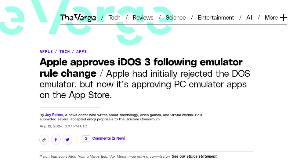 Screenshot of theverge.com: Apple Approves iDOS Emulator