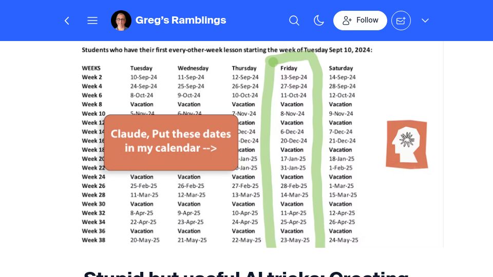 Screenshot of gregsramblings.com: Anthropic Claude 3.5 can create icalendar files, so I did this