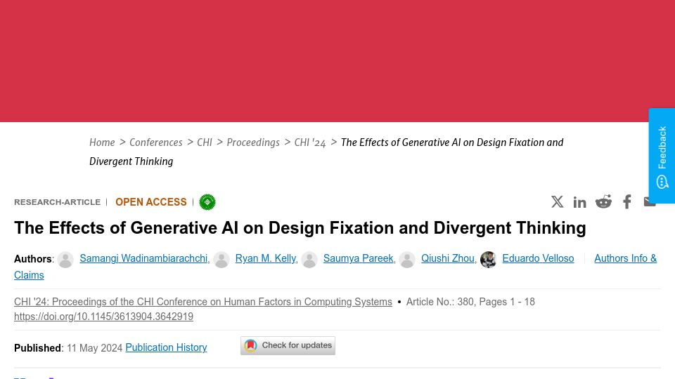 Screenshot of dl.acm.org: GenAI diminishes creativity instead of inspiration