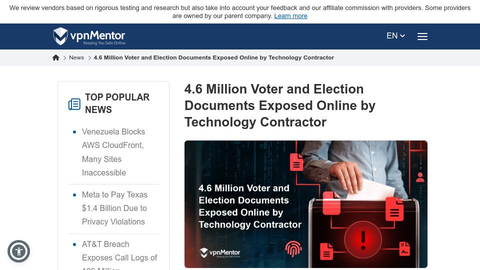 Screenshot of vpnmentor.com: 4.6M Voter and Election Documents Exposed Online by Technology Contractor