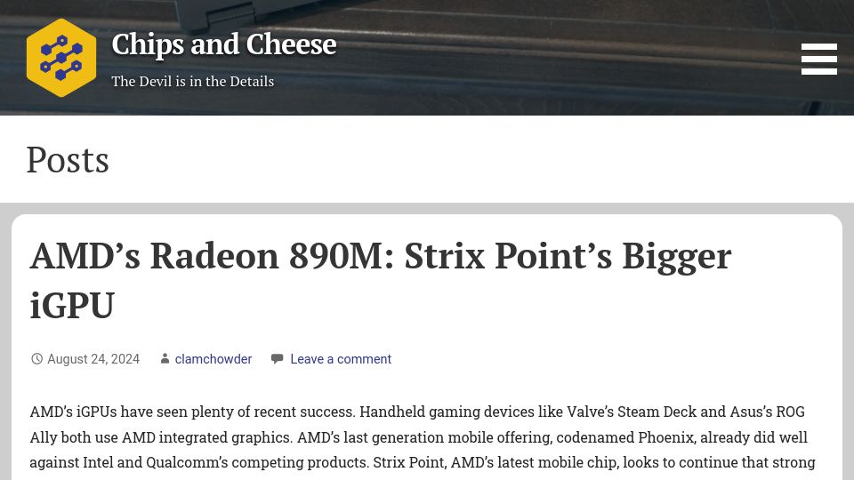 Screenshot of chipsandcheese.com: AMD's Radeon 890M: Strix Point's Bigger iGPU