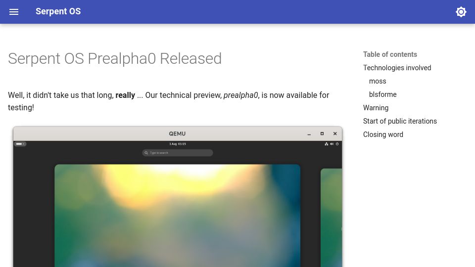 Screenshot of serpentos.com: Serpent OS Pre-Alpha-0 released