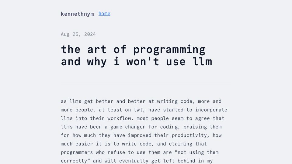 Screenshot of kennethnym.com: The art of programming and why I won't use LLM
