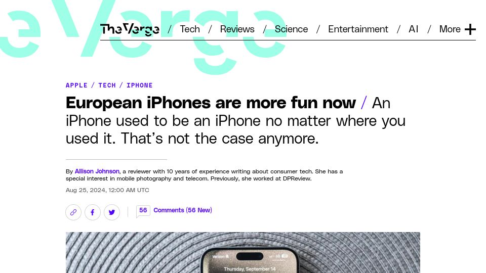 Screenshot of theverge.com: European iPhones are more fun now