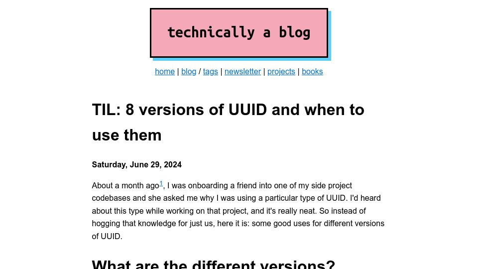 Screenshot of ntietz.com: TIL: Versions of UUID and when to use them