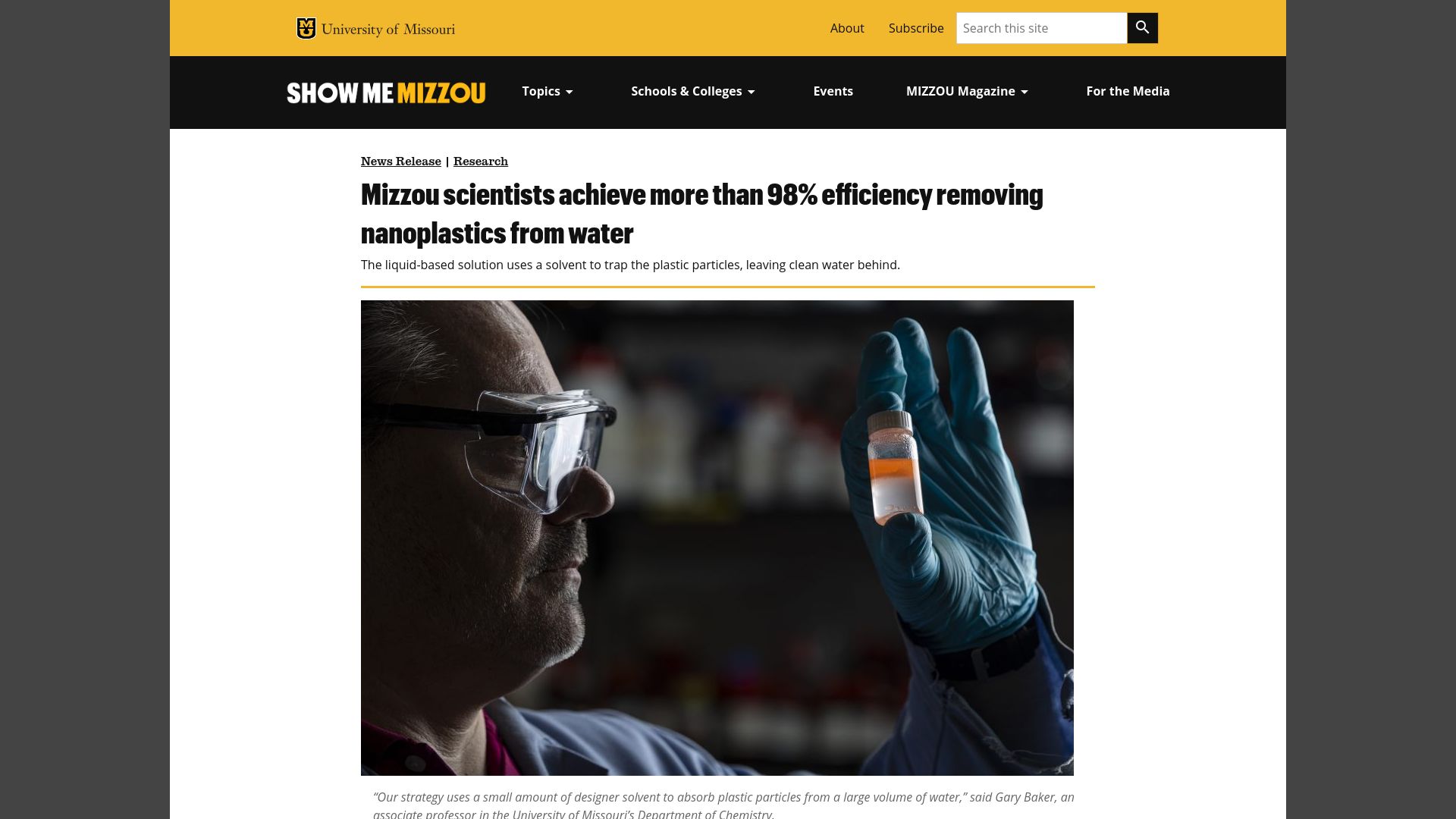 Screenshot of showme.missouri.edu: Scientists achieve more than 98% efficiency removing nanoplastics from water
