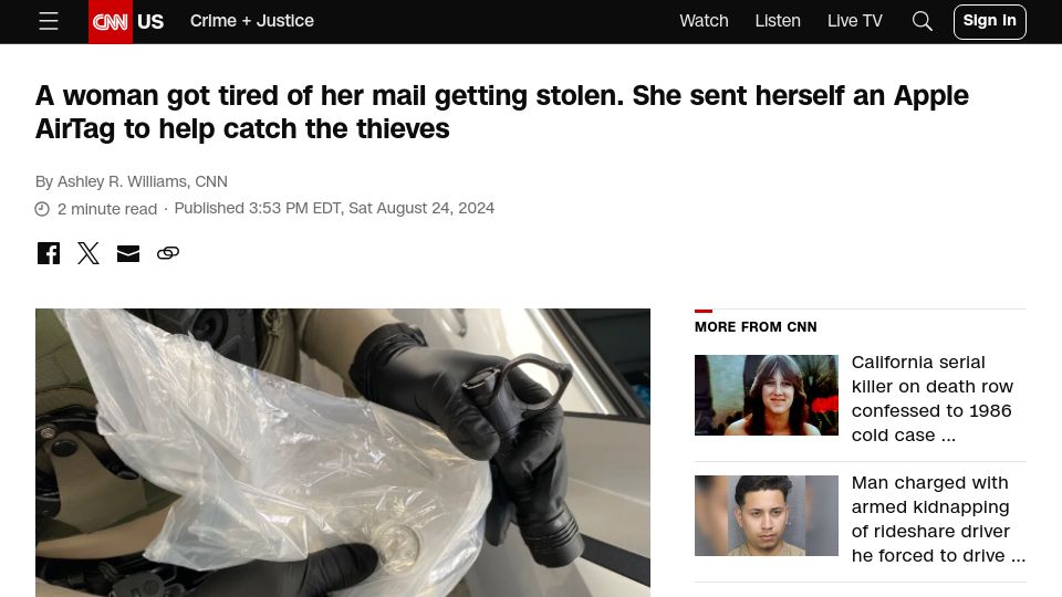 Screenshot of cnn.com: Woman tired of her mail getting stolen used an Apple AirTag to catch the thieves