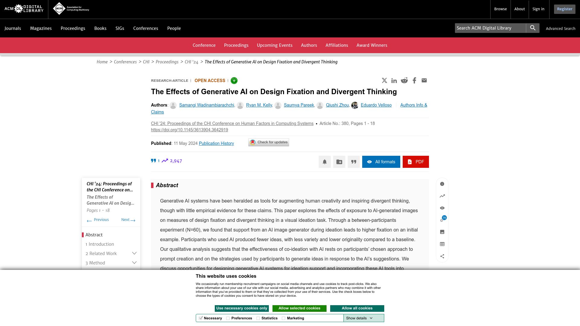 Screenshot of dl.acm.org: GenAI diminishes creativity instead of inspiration