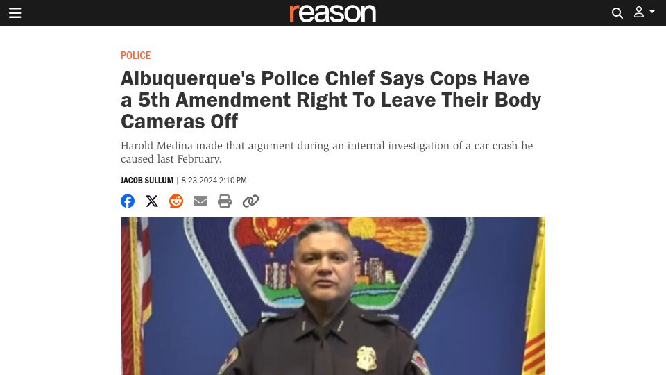 Screenshot of reason.com: Police Chief Says Cops Have a 5th Amendment Right to Leave Body Cameras Off