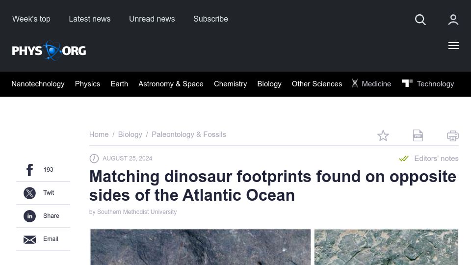 Screenshot of phys.org: Matching dinosaur footprints found on opposite sides of the Atlantic Ocean