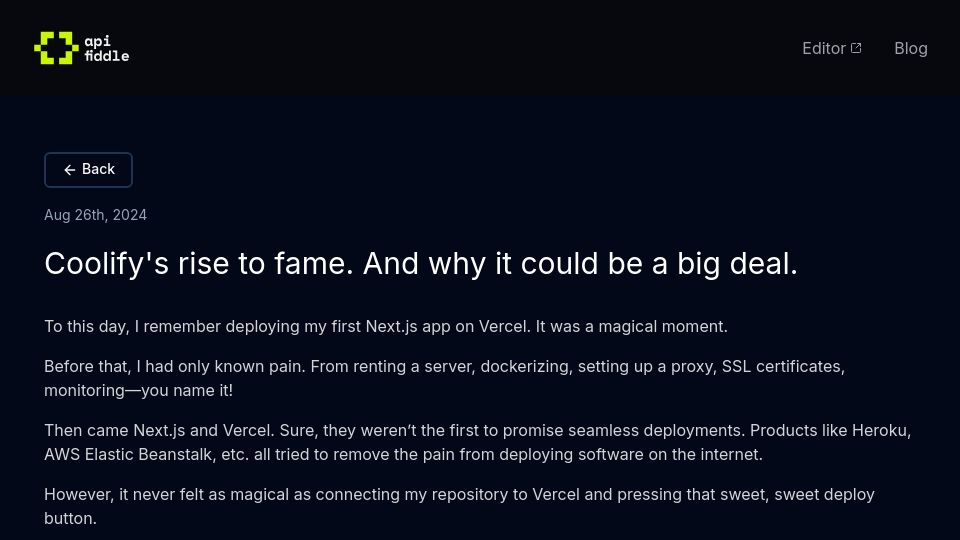 Screenshot of blog.api-fiddle.com: Coolify’s rise to fame, and why it could be a big deal