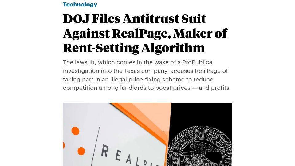 Screenshot of propublica.org: DOJ Files Antitrust Suit Against RealPage, Maker of Rent-Setting Algorithm