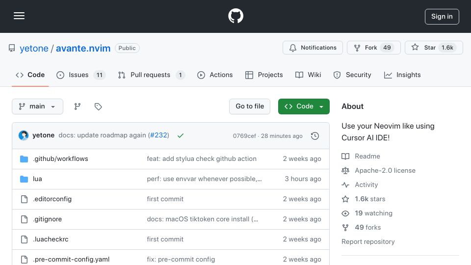 Screenshot of github.com: Avante.nvim: Use Your Neovim Like Using Cursor AI IDE