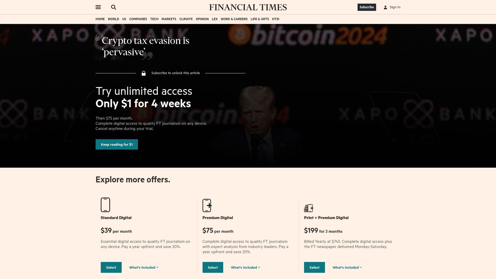 Screenshot of ft.com: Crypto tax evasion is 'pervasive'