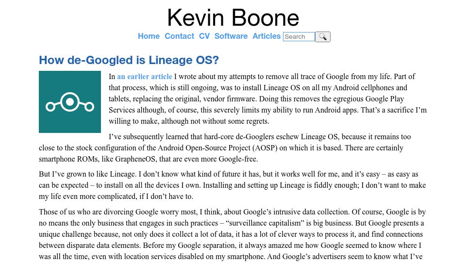 Screenshot of kevinboone.me: How de-Googled is Lineage OS?