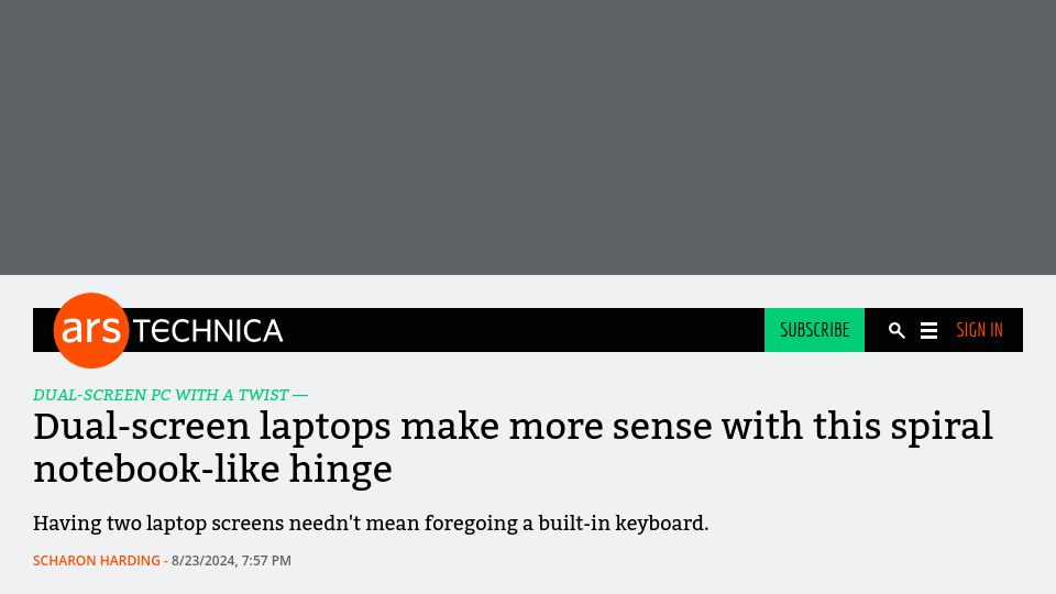 Screenshot of arstechnica.com: Dual-screen laptops make more sense with this spiral notebook-like hinge